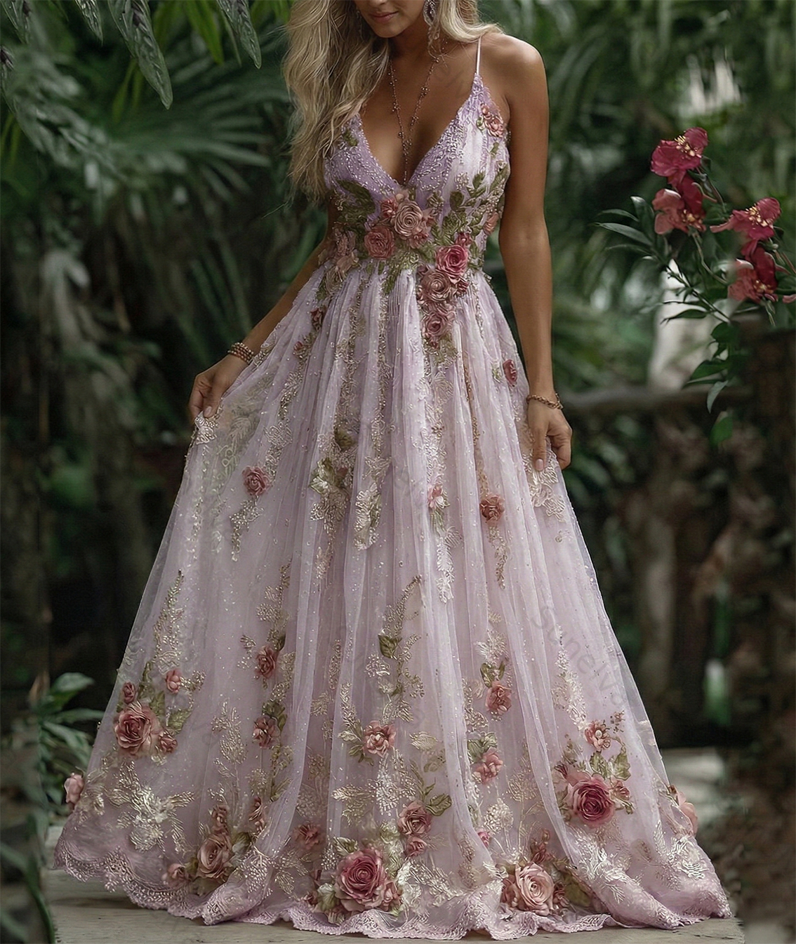 Women's Pink Rose Embroidery Art Suspender Maxi Dress 53c9