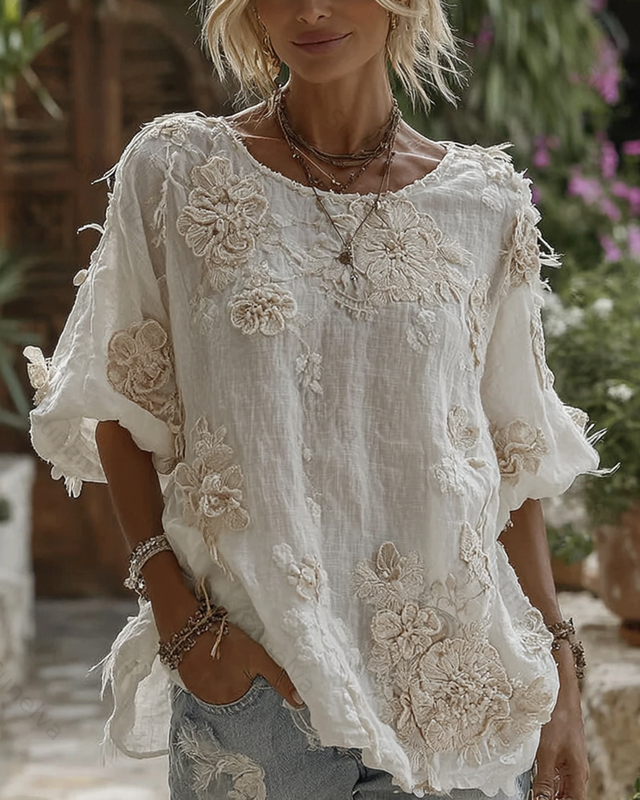 Women's Fashionable Floral Embroidered Asymmetrical Top 7470