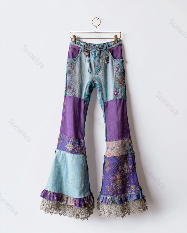 Spring/Summer Color Block Denim Linen Flared Pants1643