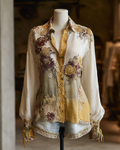 Women's Spring Retro Floral Embroidery Color Block Shirt  2157
