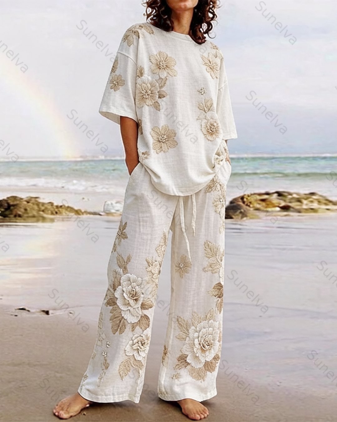 Women's Summer Resort Floral Embroidered Linen short-sleeved top & Pants Two-Piece Set   6008