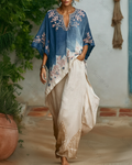 Women's Summer Gradient Floral Embroidered Blouse & Pants Two-Piece Set 6011