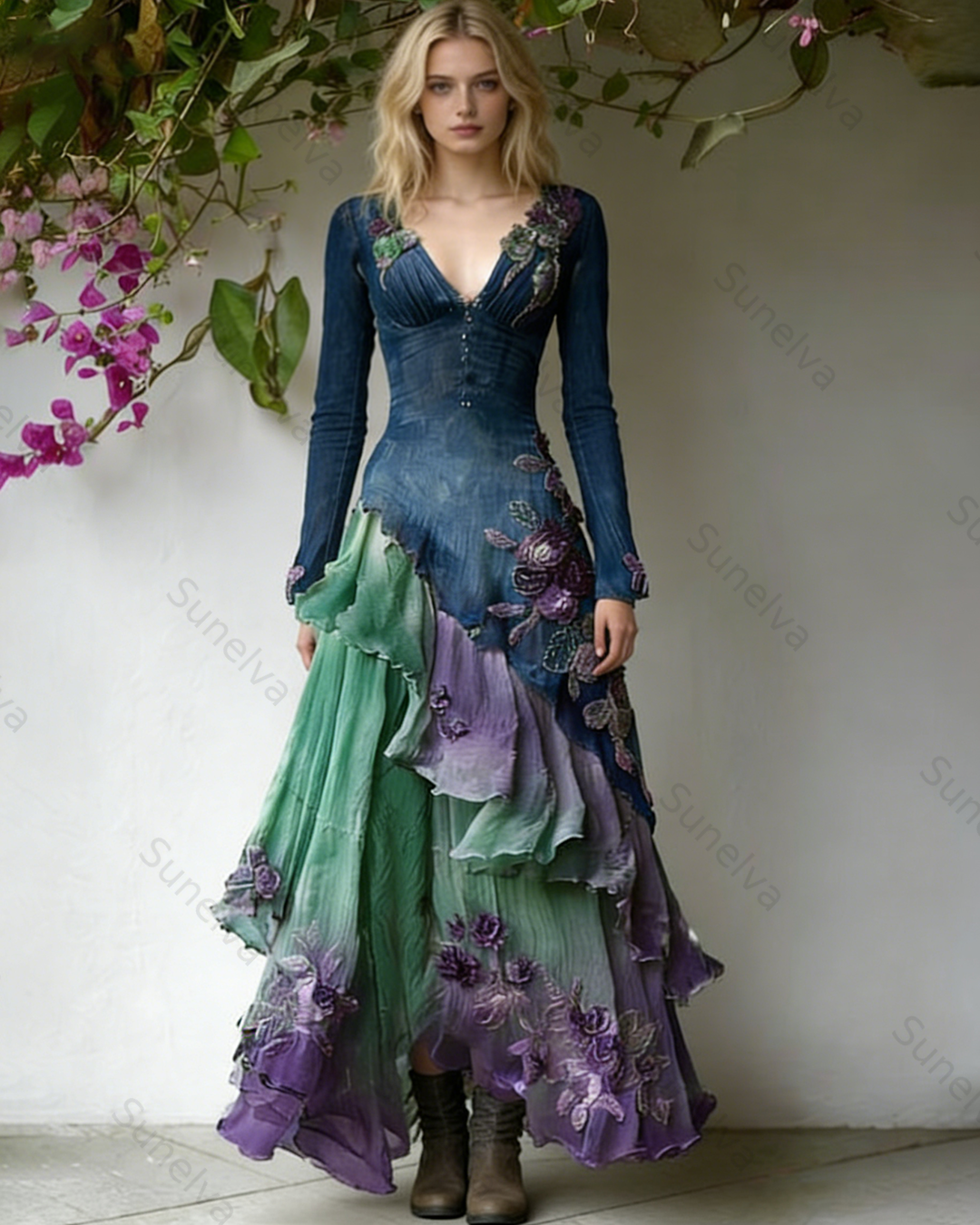 Women's Spring Elegant Flowers Irregular Ruffle Linen Dress 4547