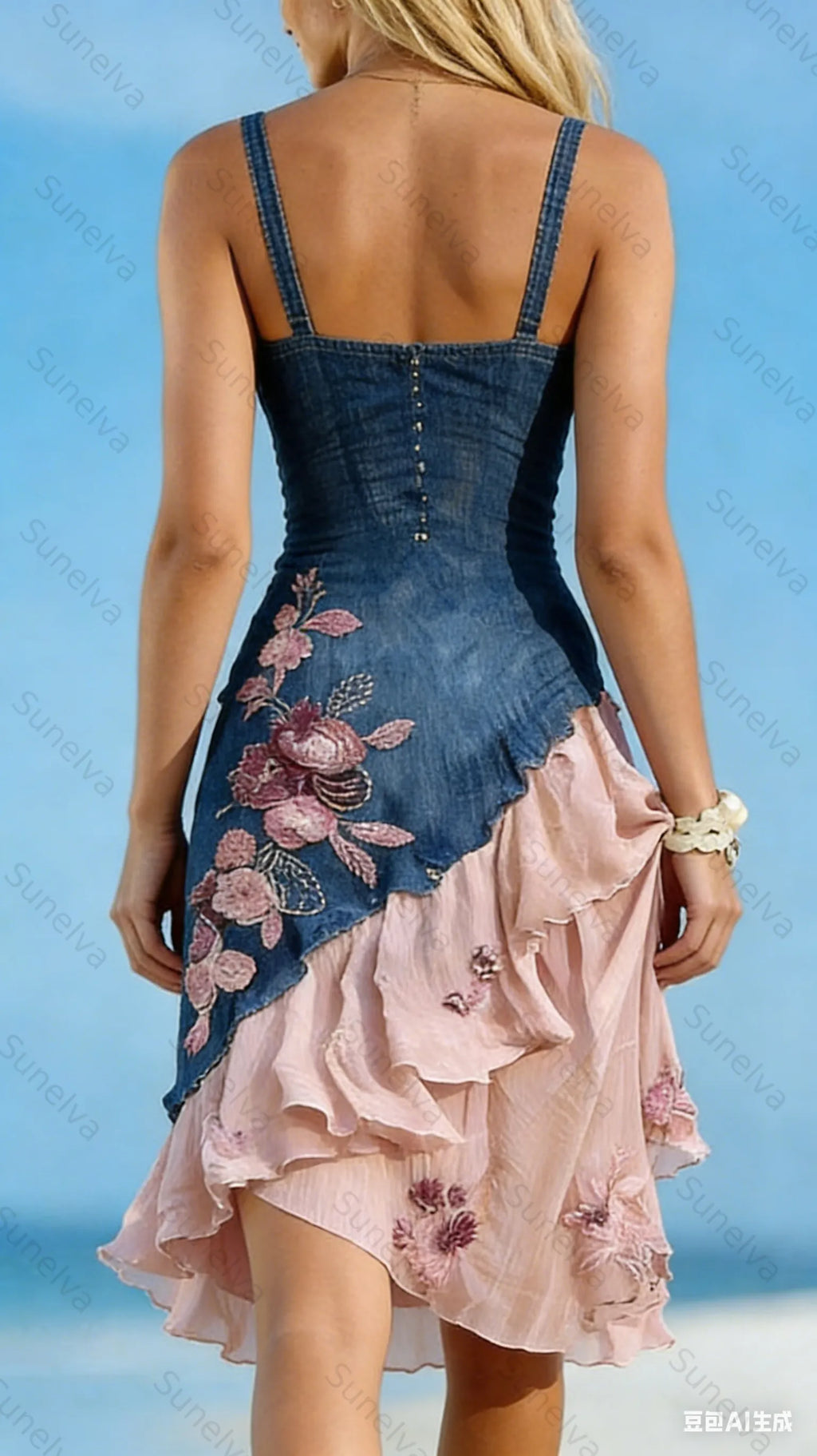 Women's Summer Flowers Embroidery Irregular Ruffle Linen Patchwork Dress 1291