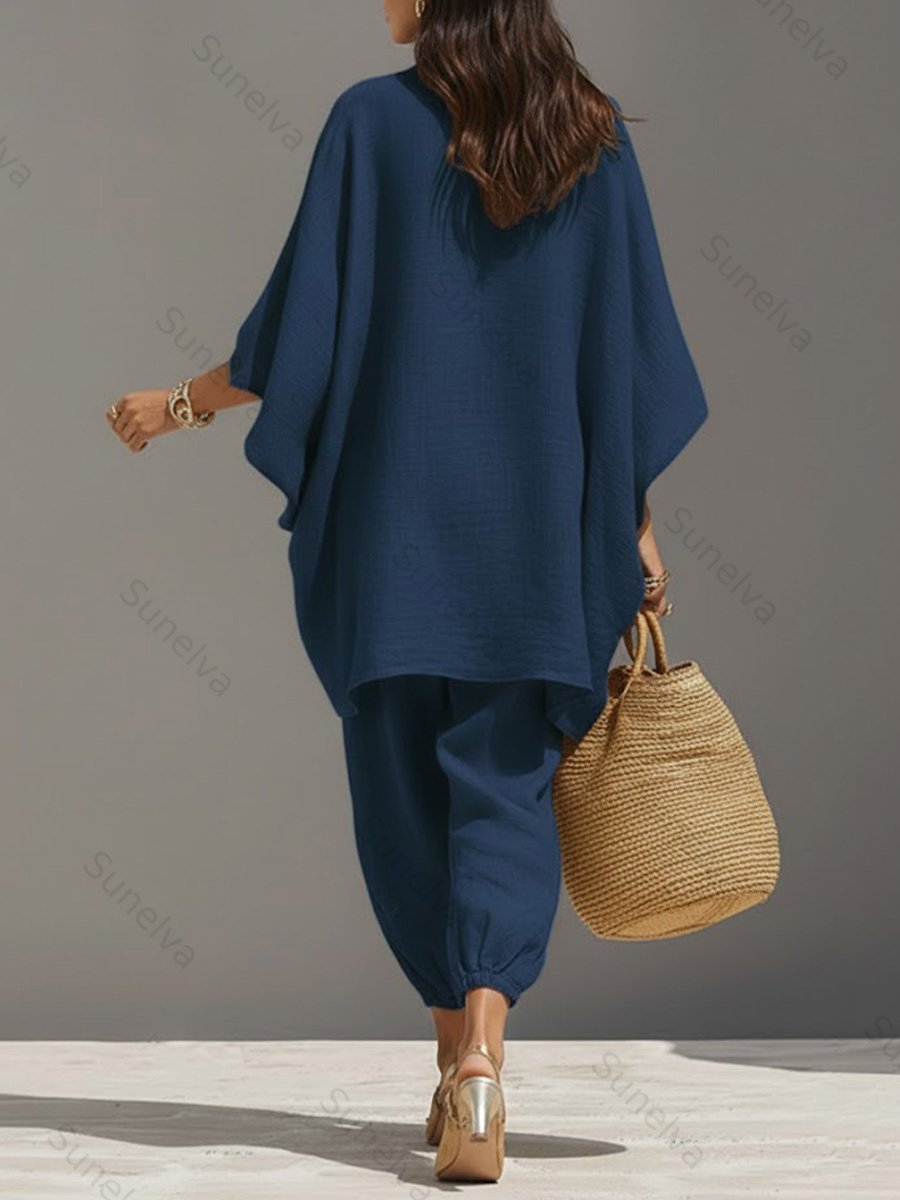 Women's Solid Color V-neck Long Sleeve Casual Loose Cotton Linen Top With Elastic Waist And Wide-leg Pants Set 4aad