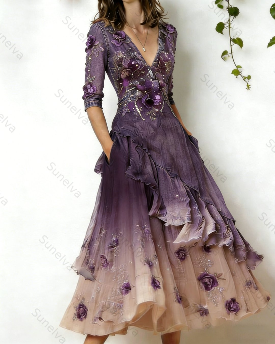 Women's elegant floral embroidered irregular ruffled linen patchwork dress 4790