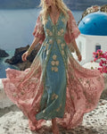 Women's Vacation Flowers Embroidery Linen Patchwork Dress 2784