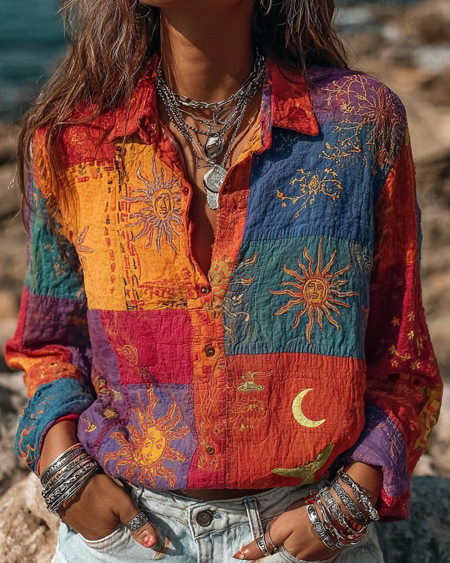 Women's Summer Star and Moon-Themed Embroidered Shirt 6882