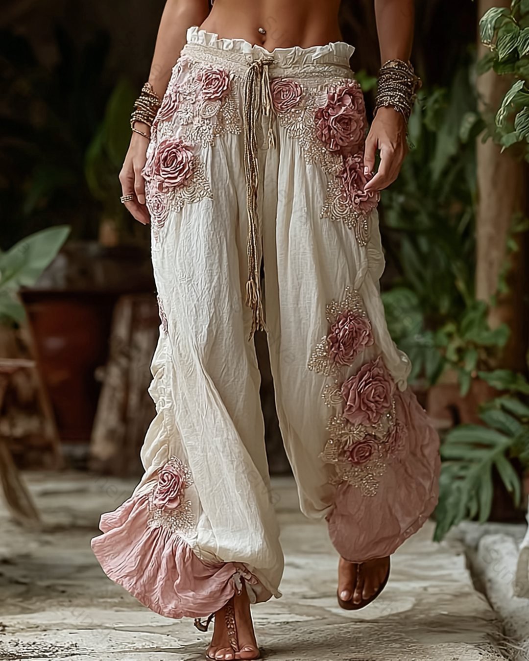 Women's Summer Fashion: Color-Blocked Floral-Embroidered Linen Trousers 5443