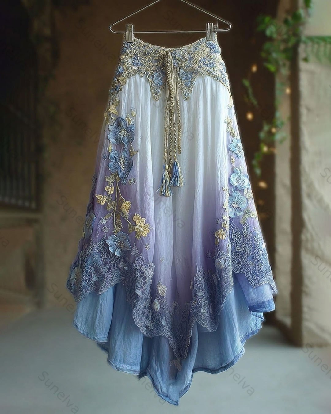 Women's Summer Floral Embroidered Gradient Lace-Panel Midi Skirt 1150
