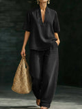 Minimalist Cozy Short-sleeved Top Wide-leg Jeans Denim Set 45ac