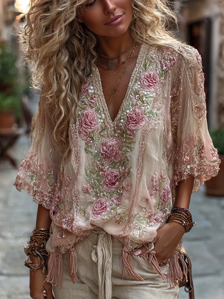 Women's Vintage Rose Embroidery Art Comfy Linen Shirts a266