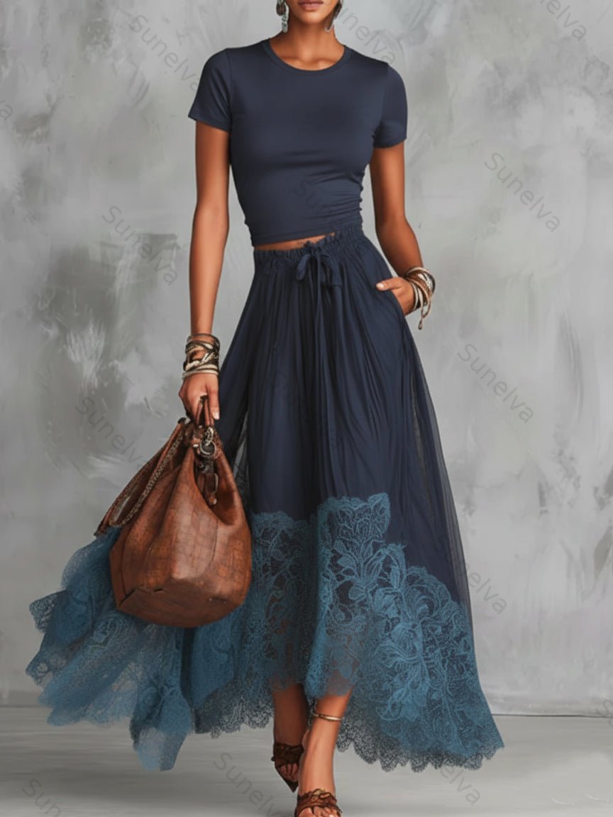 Stylish Stretch T-shirt And Lace-trimmed Skirt Two-piece Set 5823