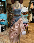 Women's Summer Flowers Embroidery Irregular Ruffle Linen Patchwork Dress 2908