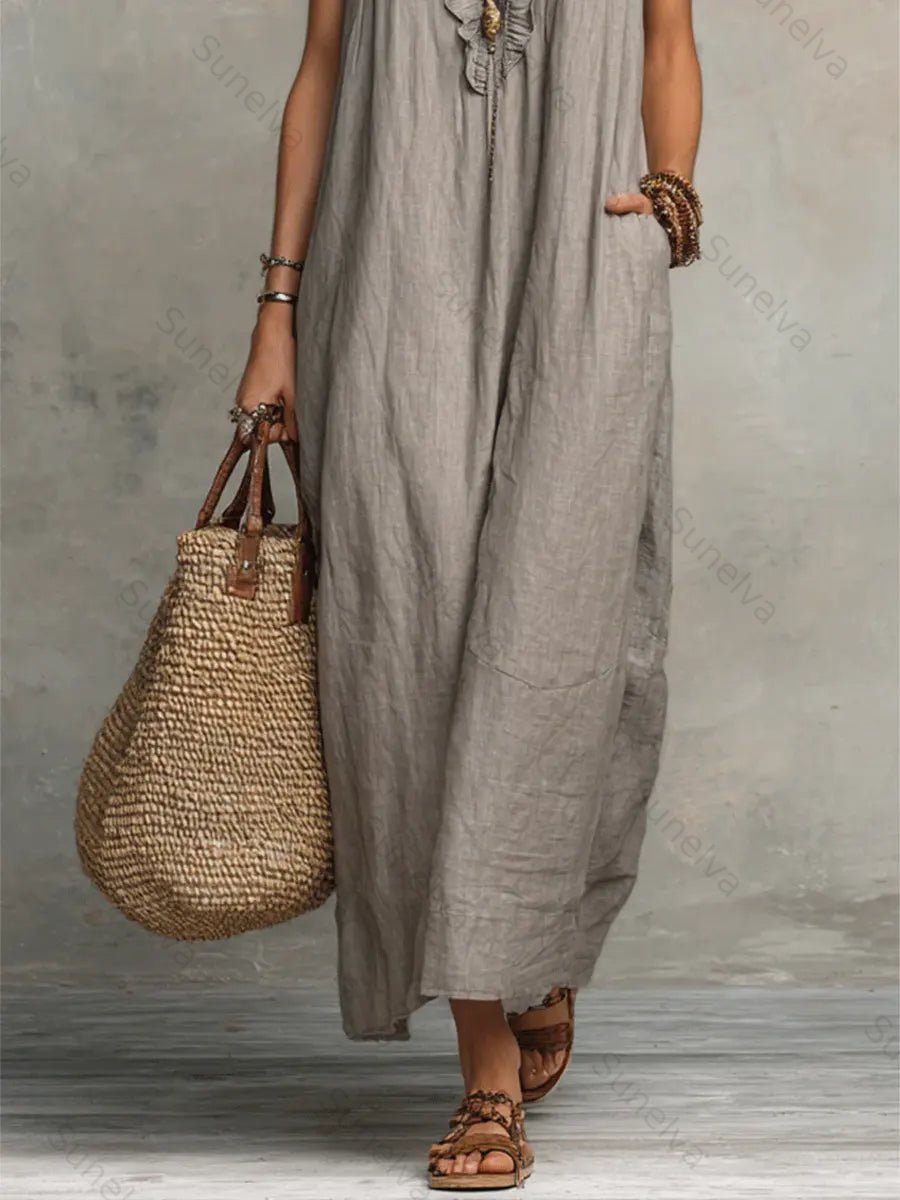 Women's Solid Color Ruffled Art Casual Fashion Cozy Cotton Linen Dress 5e35