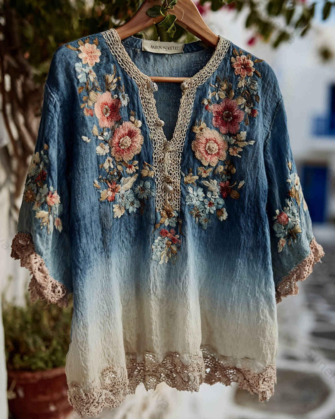 Women's Tie-dye Gradient Lace Patchwork Flowers Embroidery Blouse 9777