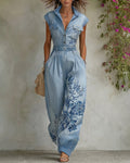 Women's Summer Elegant Floral Embroidered Patchwork Linen Jumpsuit 1633