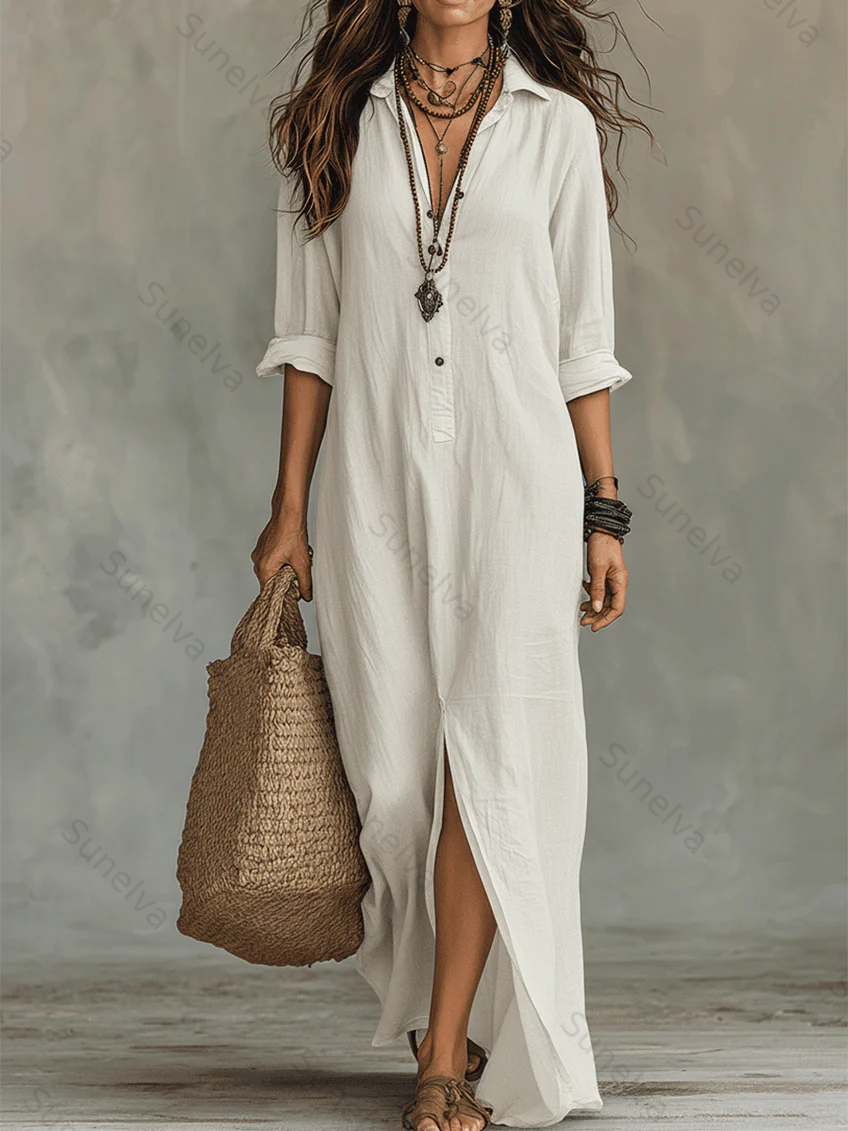 Casual Solid-color Linen-cotton Dress 4b10