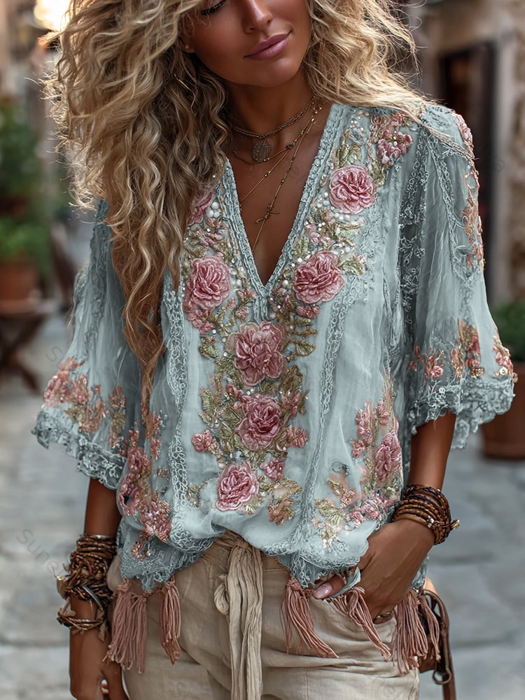 Women's Vintage Rose Embroidery Art Comfy Linen Shirts a266