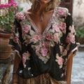 Bohemian-style Pink Floral Embroidery V-neck Short-sleeved Shirt With Sequins 5a92