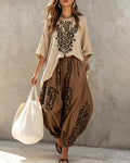 Elegant and stylish Bohemian-style embroidered top and pants two-piece set  5194