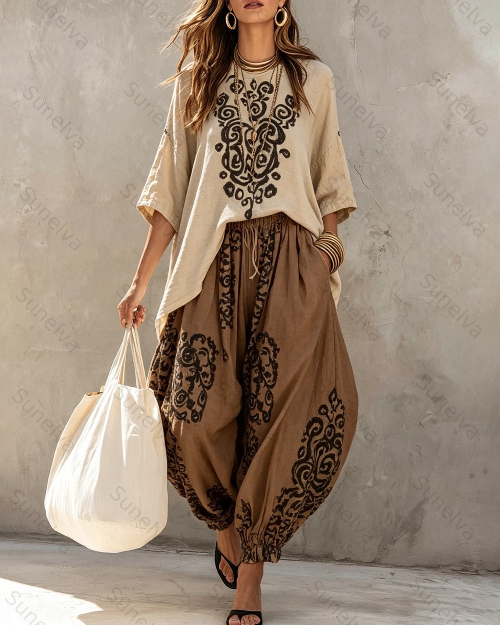 Elegant and stylish Bohemian-style embroidered top and pants two-piece set  5194