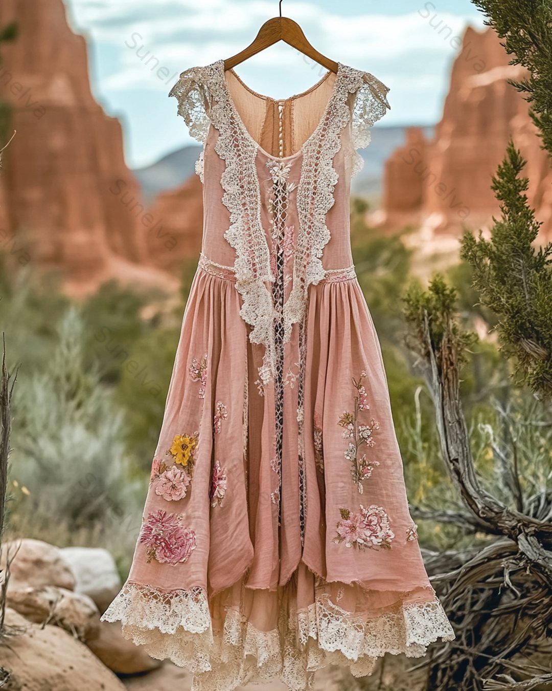 Women's Summer Floral Embroidered Patchwork Linen Dress 6531