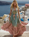 Women's Vacation Flowers Embroidery Linen Patchwork Dress 2435