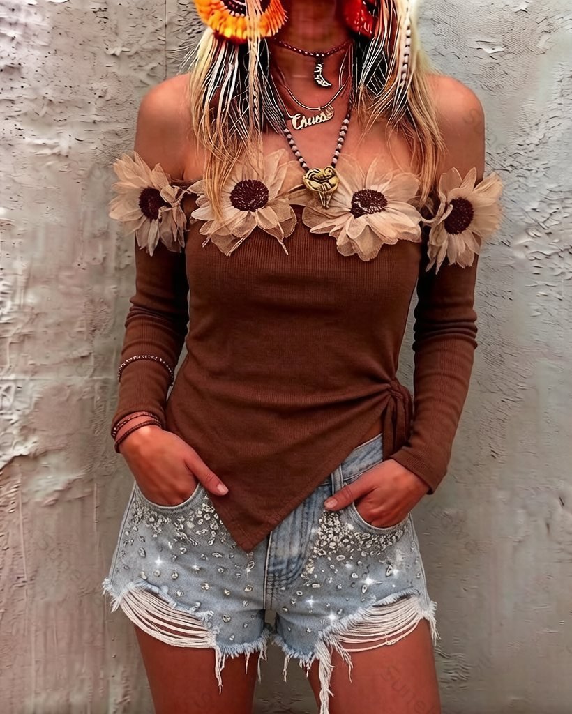 Women's Summer Fashion: Elegant Outdoor Long-Sleeve Top and Shorts Two-Piece Set 2688