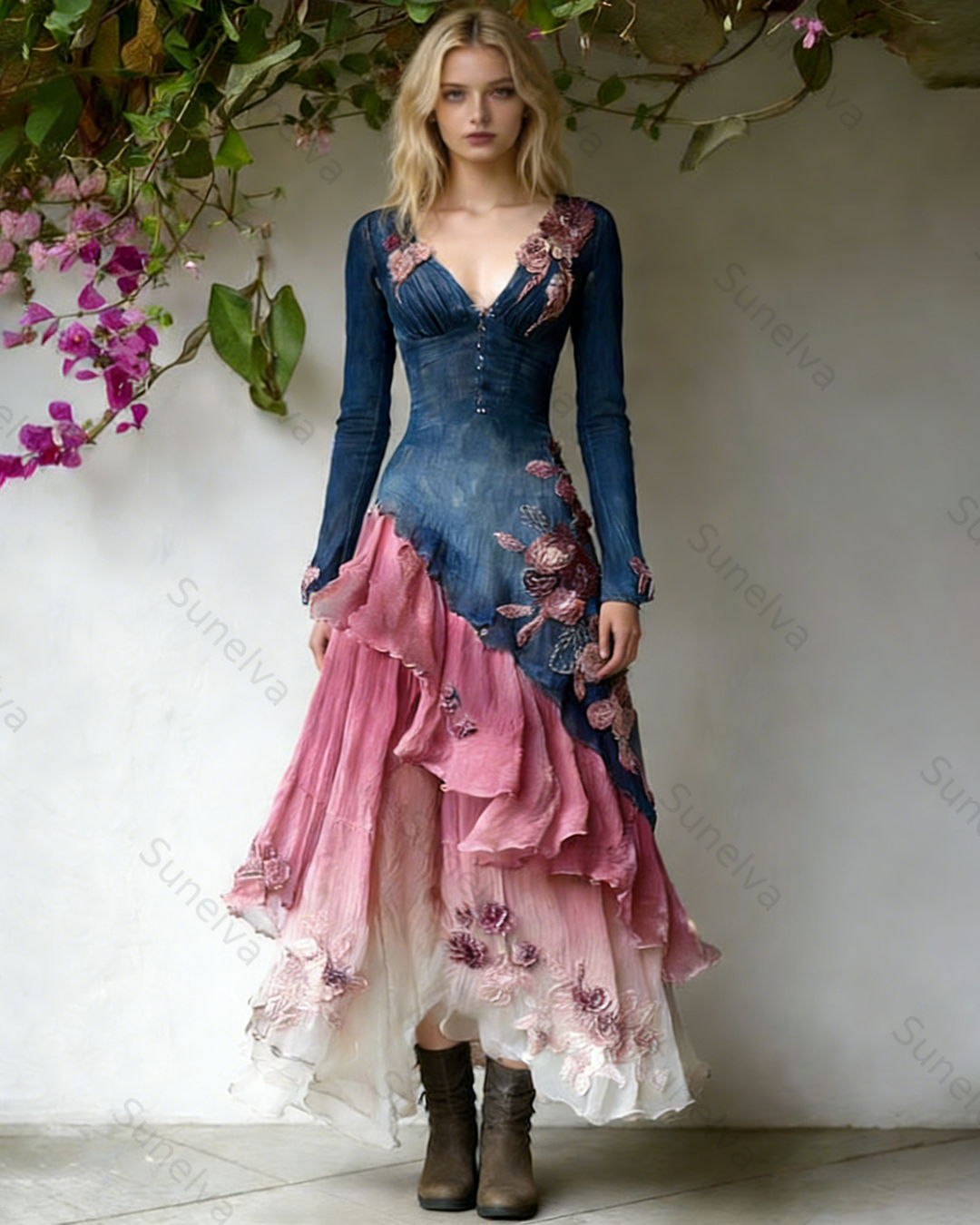 Women's Spring Elegant Flowers Irregular Ruffle Linen Dress 4547