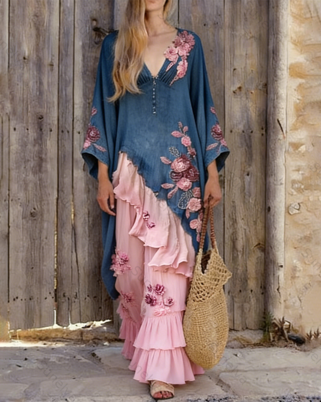 Women's Summer Flowers Embroidery Irregular Ruffle Linen Patchwork Dress 1812