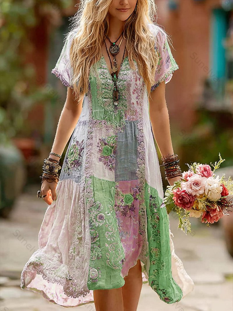 Women's Retro Floral Splicing Cotton And Linen Long Dress 4d1c