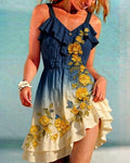 Women's Elegant Asymmetrical Ruffled Denim Patchwork Linen Floral Dress 5083