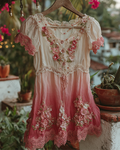 Women's Elegant Gradient Flowers Irregular Ruffle Linen Blouse 2888