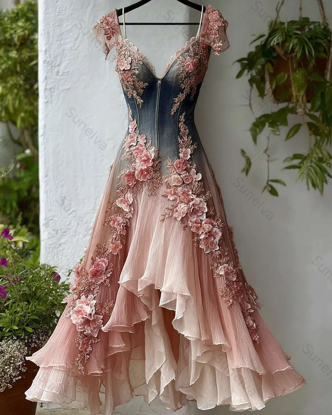 Women's Elegant Gradient Irregular Ruffle Flowers Embroidery Dress 9217