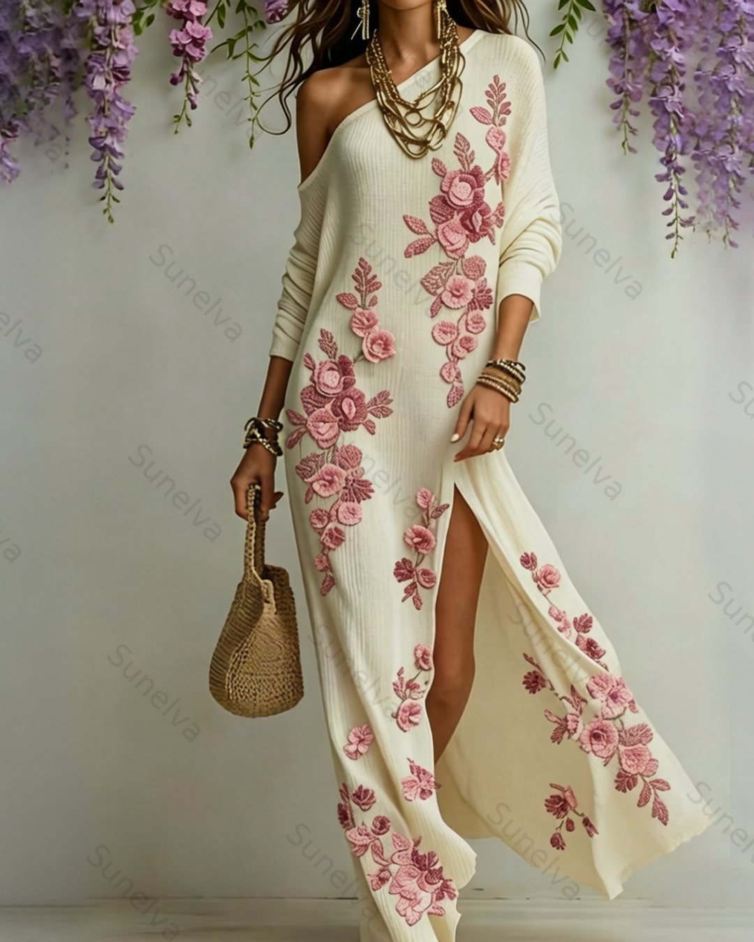 Women's Summer Pink Floral Embroidered Dress 3677