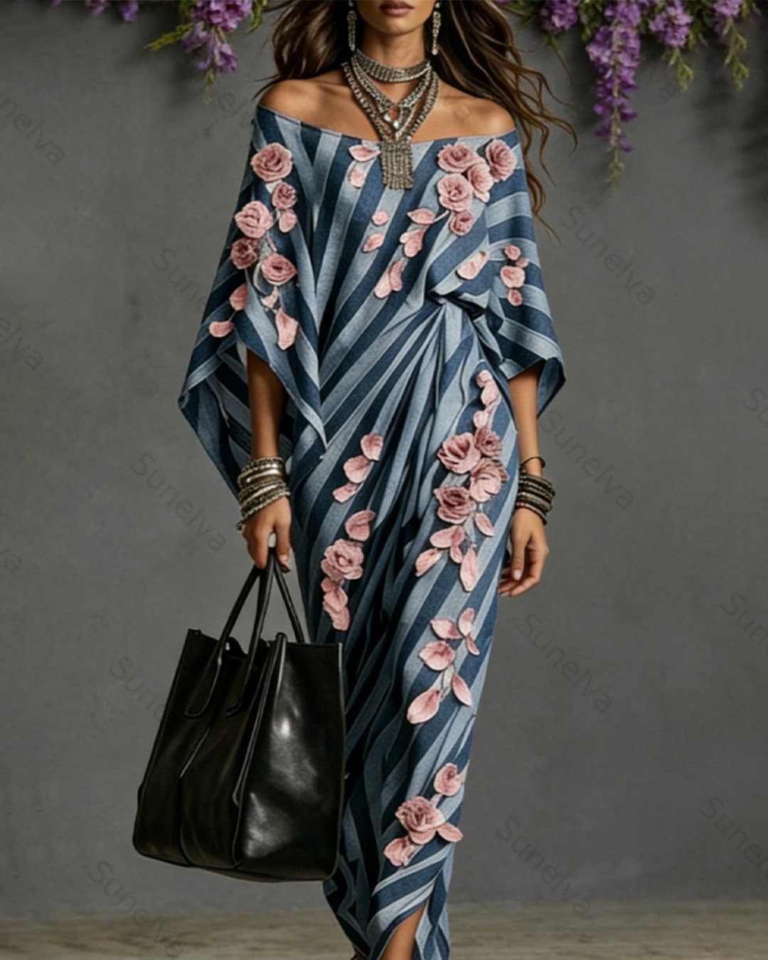 Women's Summer Pink Floral Embroidered Denim Dress 9849