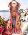 Women's Summer Flowers Embroidery Irregular Ruffle Linen Patchwork Dress 2350