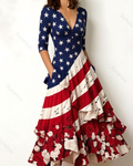 Women's Retro Elegant Stars and Stripes Embroidered Ruffled Linen Dress 1345