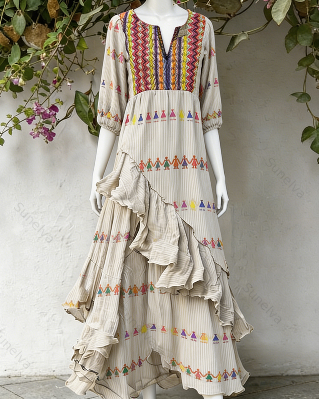 Women's Vacation Contrasting Color Irregular Ruffle Linen Dress 1830