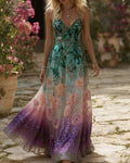 Women's Retro Bohemian Style Floral Embroidery Flowy Linen Maxi Dress  3502
