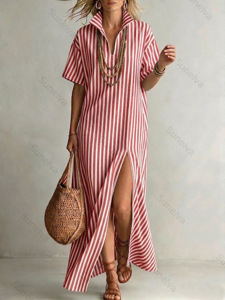 Stylish Stand-collar Striped Loose-fit Cotton-linen Maxi Dress 626e