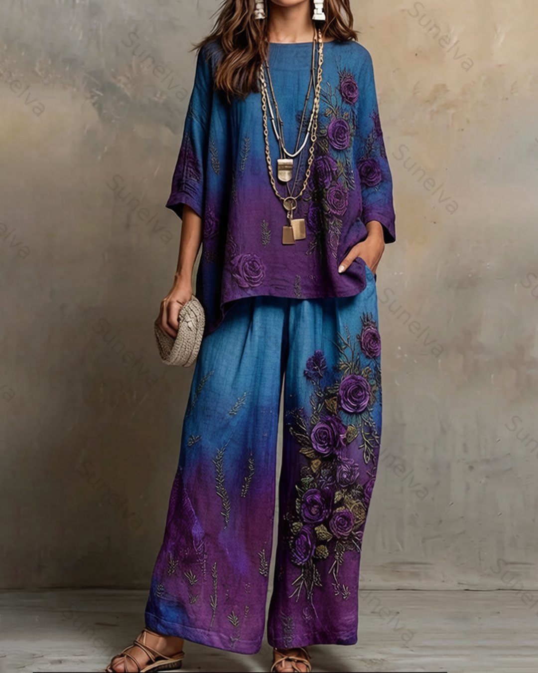 Women's Summer Resort Floral Embroidery Tie-Dye Gradient Linen Short-Sleeve Top & Pants Two-Piece Set 7337