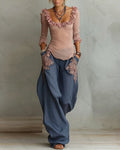 Women's Summer Flowers Embroidery Linen Patchwork Top & Pants Two-Piece Set 9296