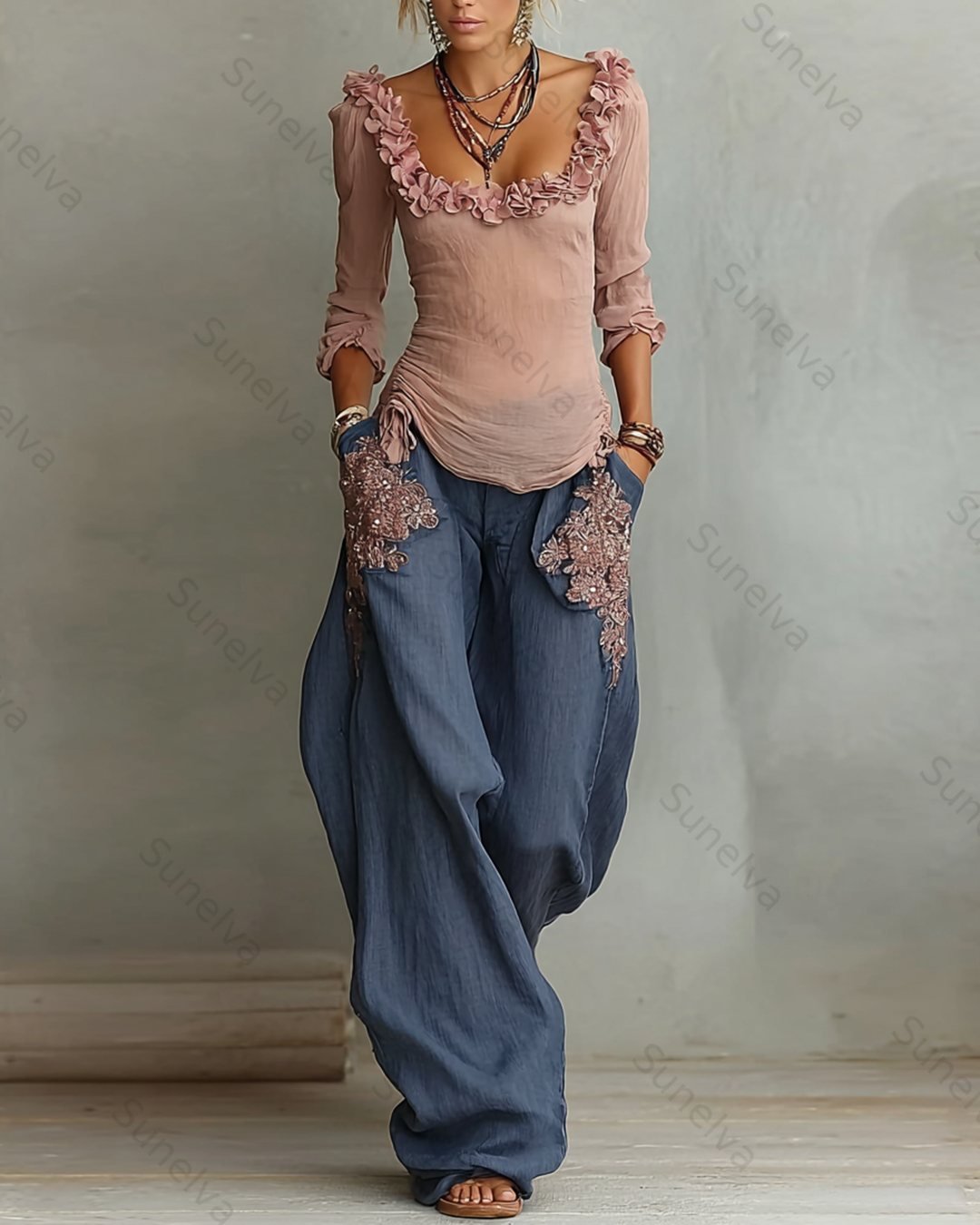 Women's Summer Flowers Embroidery Linen Patchwork Top & Pants Two-Piece Set 9296
