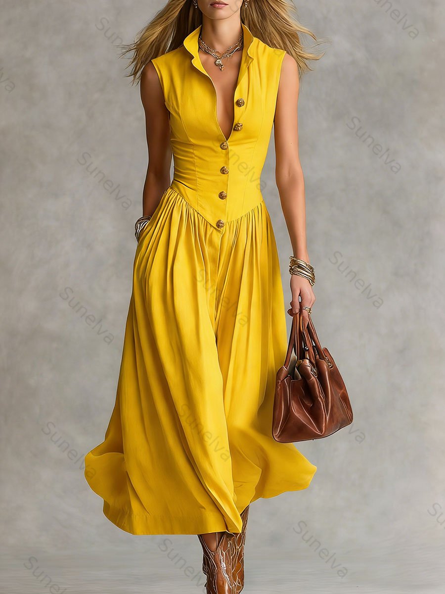 Women's Solid Color Collared Sleeveless Casual Loose Cotton Linen Dress fb7d