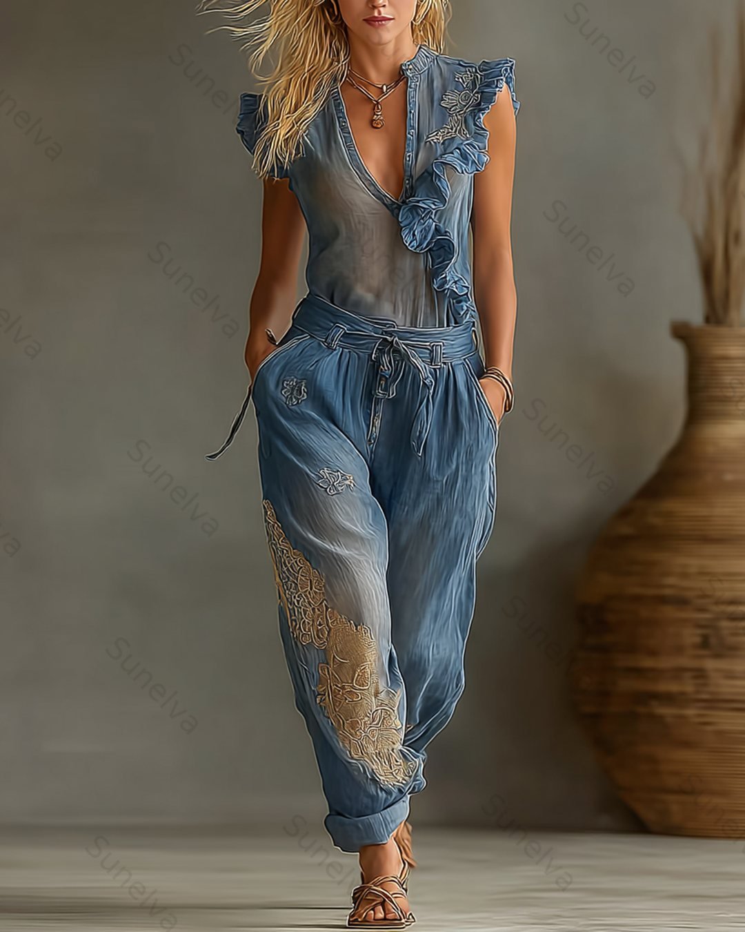 Women's Summer Flowers Embroidery Irregular Ruffle Linen Patchwork Jumpsuit  1500