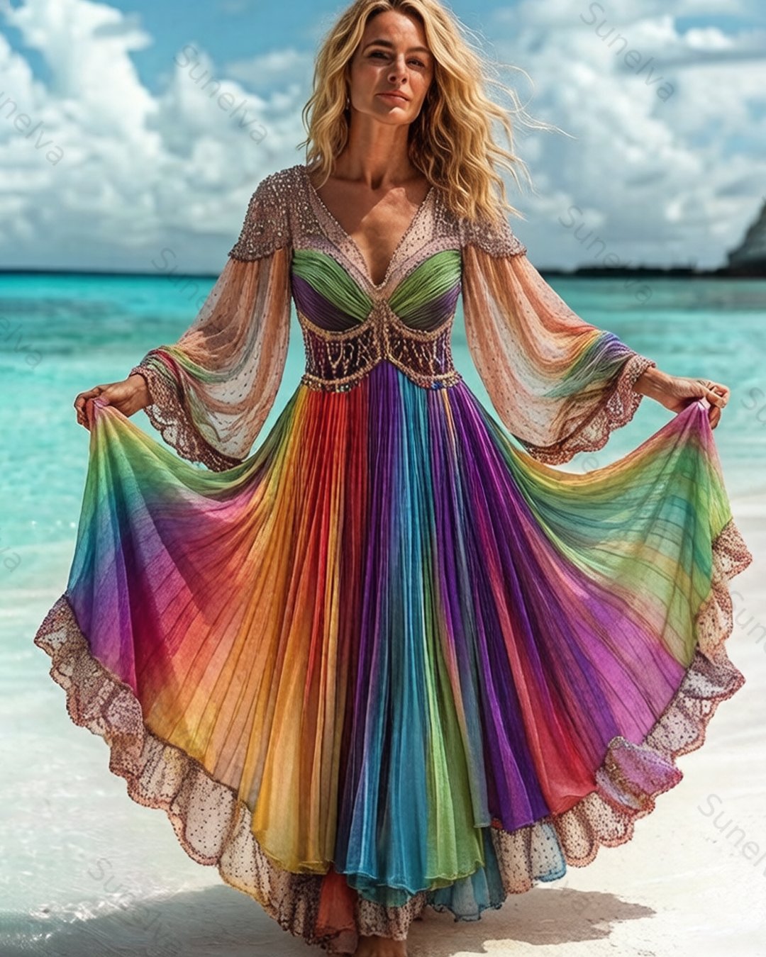 Women's Summer Vacation Fashionable and Elegant Irregular Tie-Dyed Chiffon Dress 2287