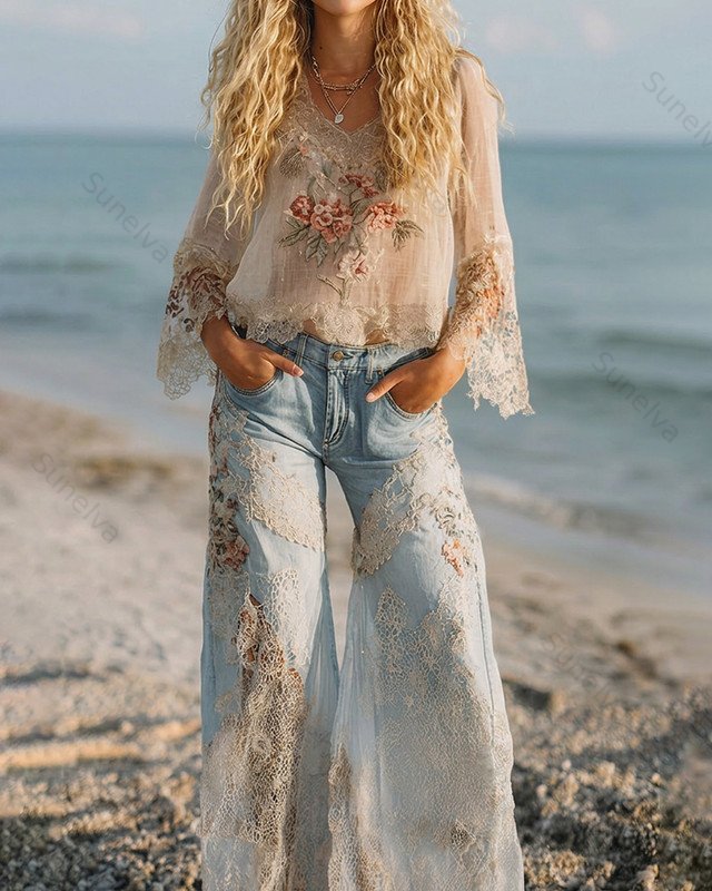 Women's Resort Style Floral Embroidered Linen Top & Pants Two-Piece Set  3255