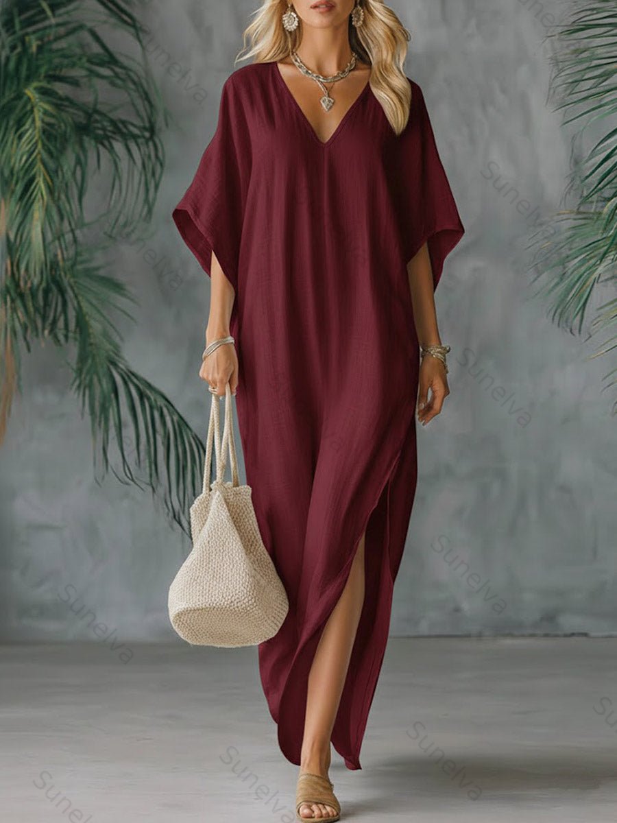 Women's Solid Color V-neck 3/4 Sleeve Casual Loose Cotton And Linen Dress c6a5